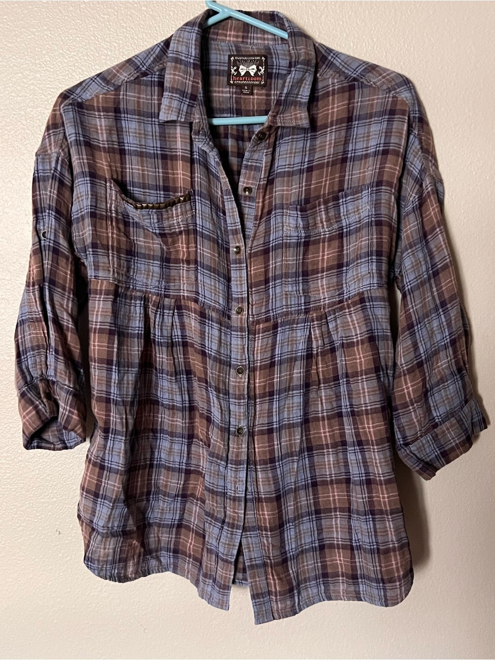Heartloom Plaid Button-Down Shirt in Brown Blue cotton XS